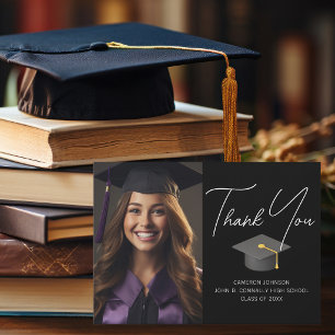 Cartão De Agradecimento Foto Personalizada de Graduado Preto Chic de Gradu
