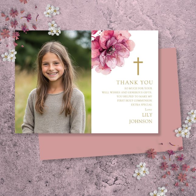 Cartão De Agradecimento Foto rosa de flor de aquarela Primeira Comunhão Sa (Pink Watercolor Flower Photo First Holy Communion Thank You Card)