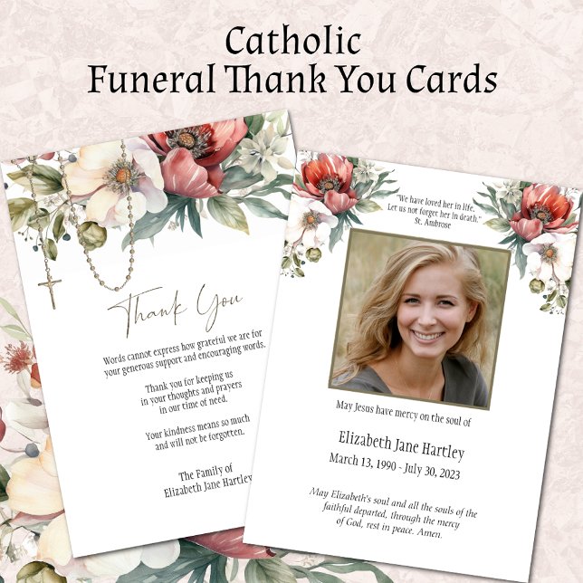 Cartão De Agradecimento Foto Rosária Floral Simpatia de Condolência Funera (Easy to Personalize Catholic Funeral Thank You Cards)