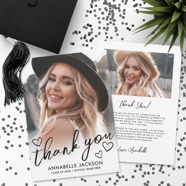 Cartão De Agradecimento Foto Script Coração Graduação (Photo Script Heart Graduation Thank You Card)
