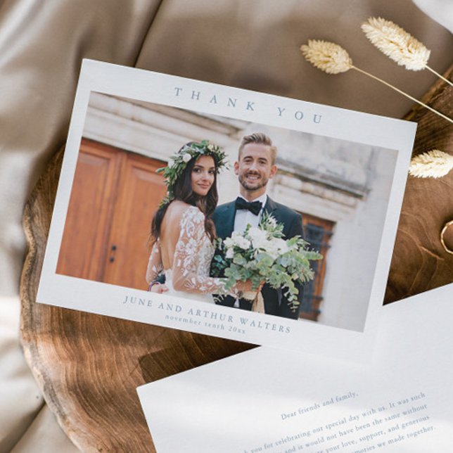 Cartão De Agradecimento Foto Simples de Casamento (Simple Dusty blue Wedding Photo Thank You Cards.)