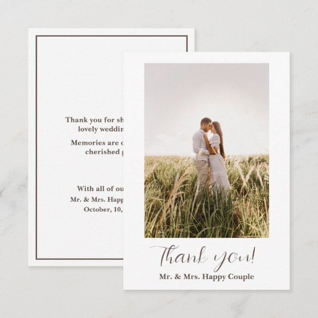 Cartão De Agradecimento Foto Simples De Casamento De Script Moderno Obriga (Frente/Verso)