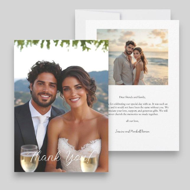 Cartão De Agradecimento Foto Simples de Casamento de Script Moderno Obriga (modern two photo wedding thank you card )