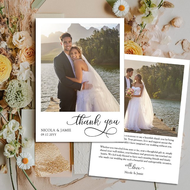 Cartão De Agradecimento Foto Simples de Casamento Moderno 2 da Caligrafia  (Wedding Photo Thank You Card with elegant modern calligraphy and 2 photos)