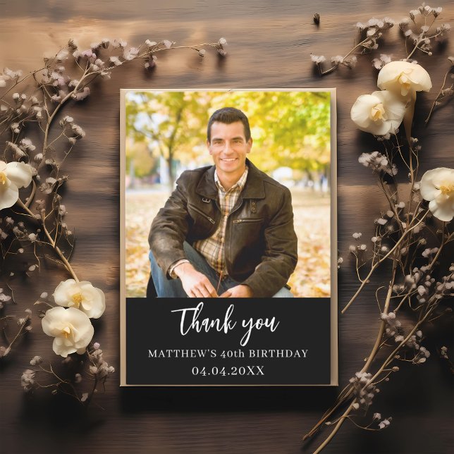 Cartão De Agradecimento Foto simples de preto e branco de aniversário scri (Criador carregado)