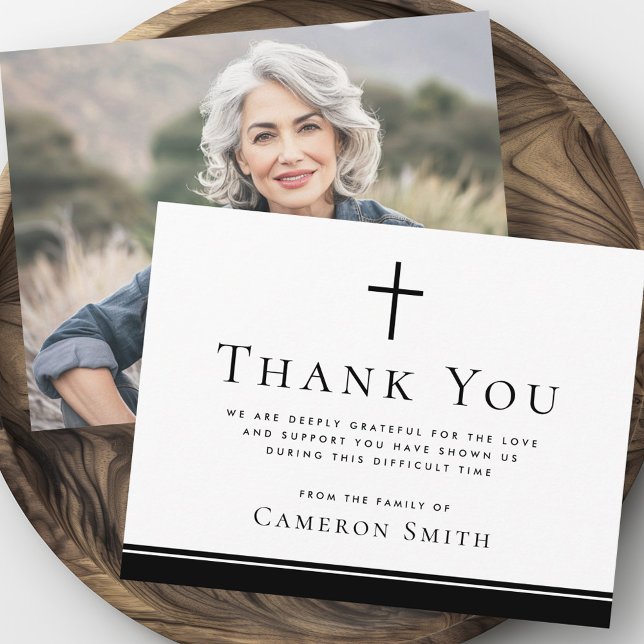Cartão De Agradecimento Foto simples de simpatia de funeral na fronteira n (Simple cross black border funeral sympathy photo thank you card)