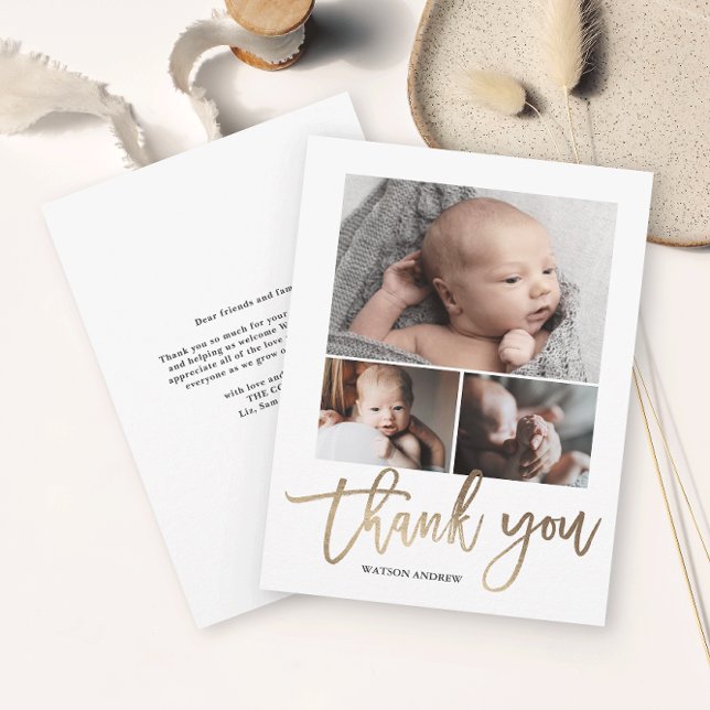 Cartão De Agradecimento Foto Simples Moderna de 3 Fotografias para Bebê (Simple photo collage baby thank you card with modern handwritten script in gold foil.)