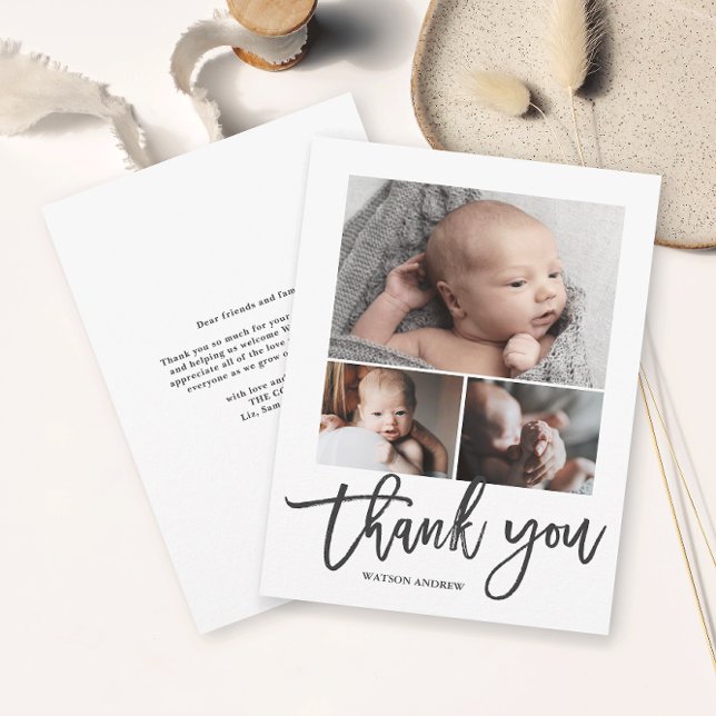 Cartão De Agradecimento Foto Simples Moderna de 3 Fotografias para Bebê (Simple photo collage baby thank you card with modern handwritten script in black and white.)