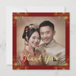 Cartão De Agradecimento Foto vermelha de casal floral chinesa do casamento