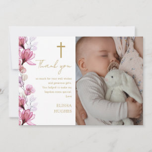 Cartão De Agradecimento Fotografia Floral Rosa Elegante, Batismo Christeni