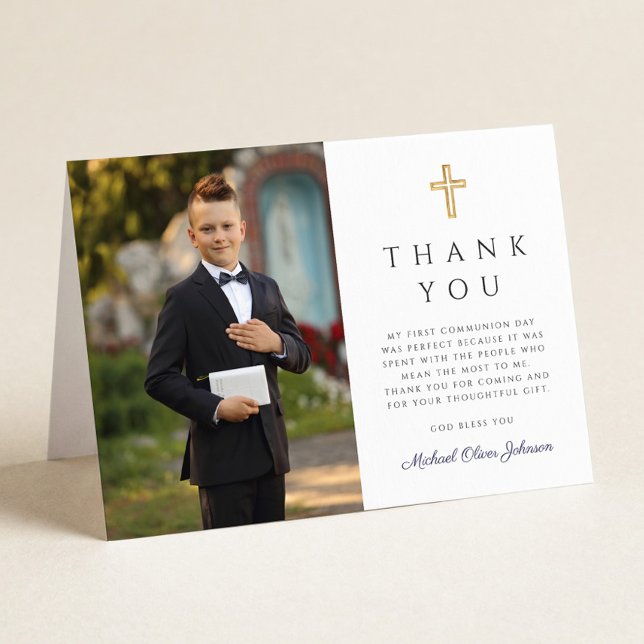 Cartão De Agradecimento Fotografia Menino Azul Marinho Script Primeira Com (Navy Blue Script Photo Boy First Communion Folded Thank You Card)