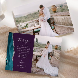 Cartão De Agradecimento Fotos Azul Teal Ágata Roxo Prata Script Casamento