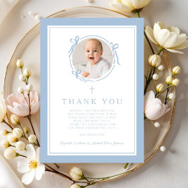 Cartão De Agradecimento Fotos de Batismo Religioso Bebê Azul Elegante