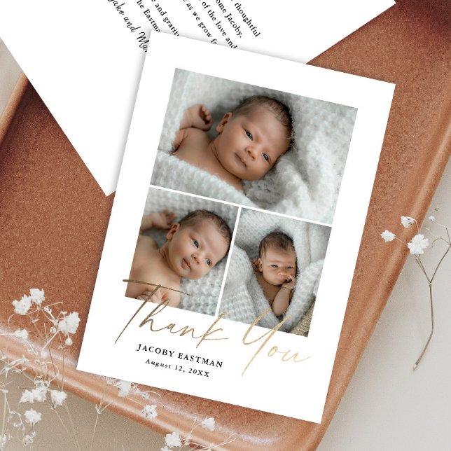 Cartão De Agradecimento Fotos de Bebê com Script Minimalista 3 (Criador carregado)