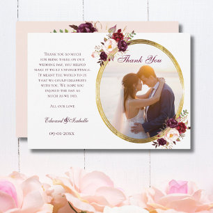 Cartão De Agradecimento Fotos de Casal Florais Rosa e Borgonha Glamourosas