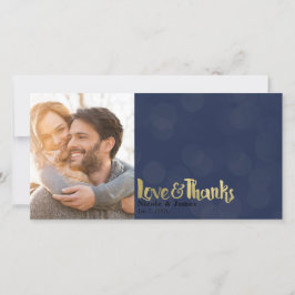 Cartão De Agradecimento Fotos de casamento Azul Marinho e Dourado Amor e G