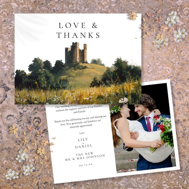 Cartão De Agradecimento Fotos de casamento com flores silvestres e castelo (Wildflowers Floral Castle Wedding Photo Thank You Card)