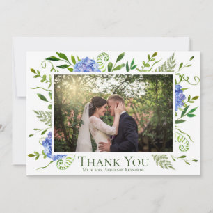 Cartão De Agradecimento Fotos de Casamento com Hortênsias Azuis em Aquarel