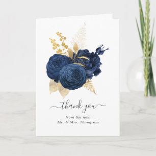Cartão De Agradecimento Fotos de Casamento de Rosa Vintage Azul Marinho e