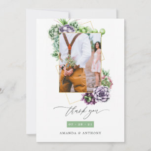 Cartão De Agradecimento Fotos de Casamento Geométricas com Suculentas