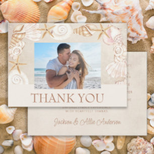 Cartão De Agradecimento Fotos de casamento na praia com conchas de areia à