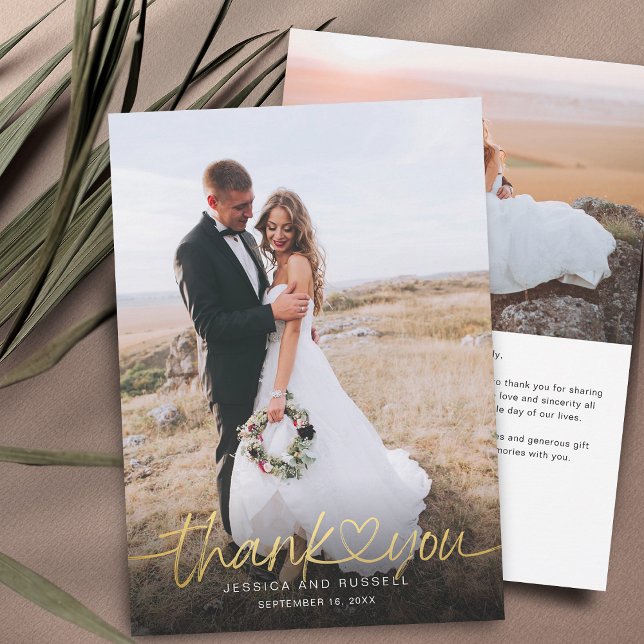 Cartão De Agradecimento Fotos de Coração de Letra Dourada à Mão Casamento (Criador carregado)