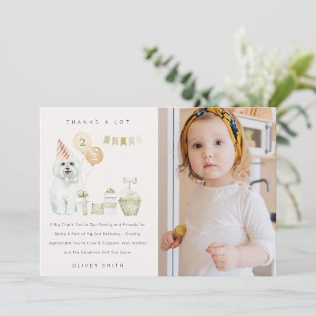 Cartão De Agradecimento Fotos de festa de aniversário de cachorro verde fo (Em pé/Frente)