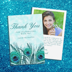 Cartão De Agradecimento Fotos de Peacock em Azul Teal Brilhante para Sweet