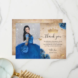 Cartão De Agradecimento Fotos de Quince Anos Royal Blue e Dourado Aniversá