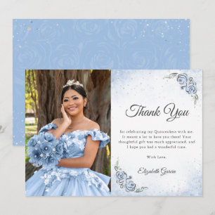 Cartão De Agradecimento Fotos de Quinceanera Princesa Azul Claro e Prata