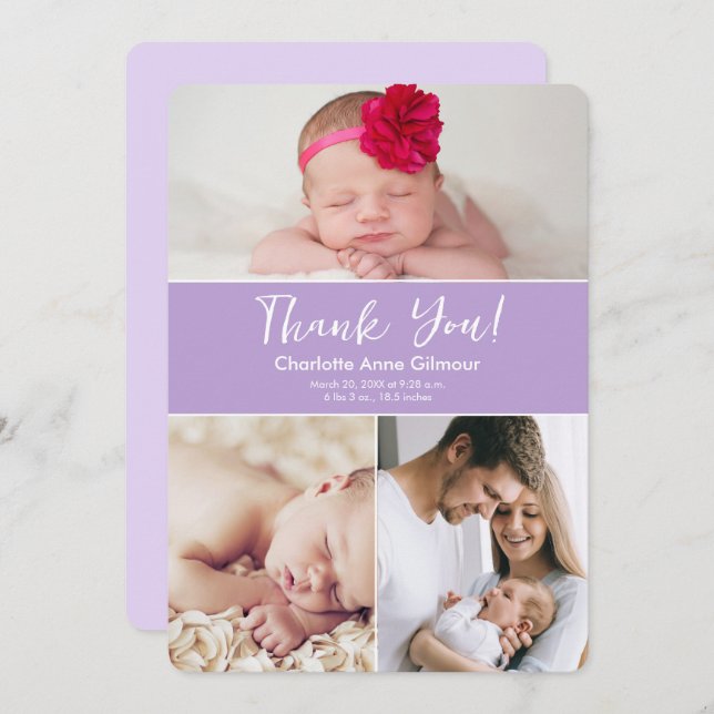 Cartão De Agradecimento Fotos personalizadas Chá de bebê roxo macio (Frente/Verso)