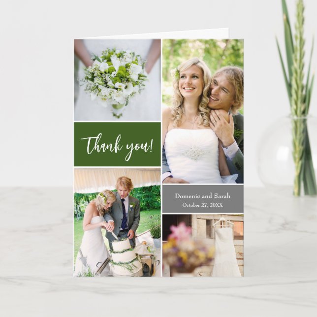 Cartão De Agradecimento Fotos personalizáveis de Casamento Verde Elegante (Frente)