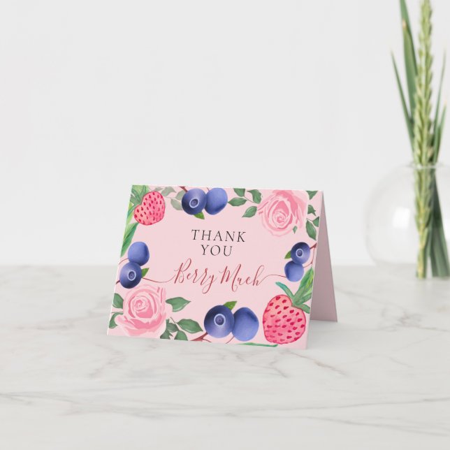 Cartão De Agradecimento Frame de Airelas e Morangos com Rosas Rosa (Frente)