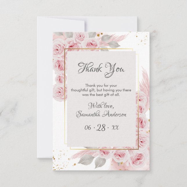 Cartão De Agradecimento Frame Rico Elegante Pastel Rosa Floral Aniversário (Frente)