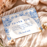 Cartão De Agradecimento French Blue Toile Garden Bridal Shower<br><div class="desc">This elegant design features a classic blue toile-inspired floral pattern arranged in decorative vertical panels that frame a graceful arched layout. Delicate botanical illustrations and vintage textile motifs create a refined grandmillennial aesthetic reminiscent of antique porcelain and traditional French garden fabrics. The timeless blue and ivory palette gives the design...</div>
