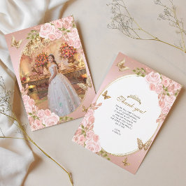 Cartão De Agradecimento Frente Dourada borboleta rosa embebida Quinceañera