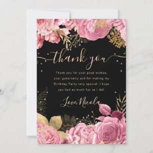 Cartão De Agradecimento Fronteira de Rosas Rosa e Dourado Floral Aniversár