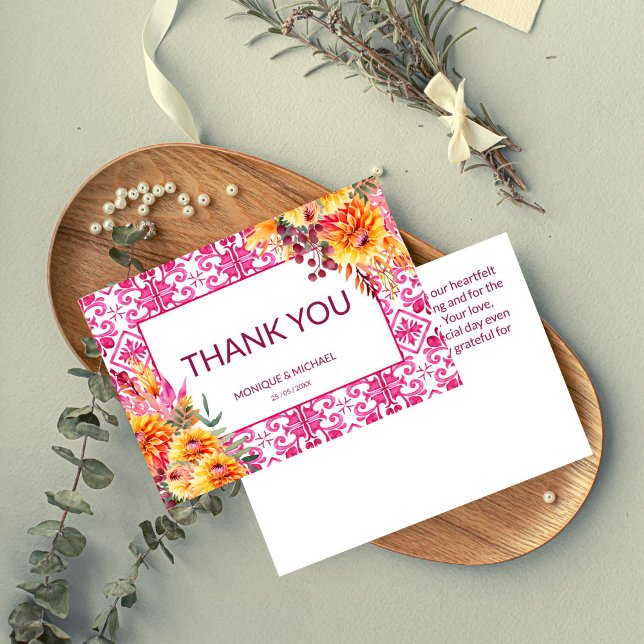 Cartão De Agradecimento Fuchsia Majolica azulejo dahlias laranja (Fuchsia Majolica tiles orange dahlias Thank You Card wedding thank you bridal shower thank you cards)