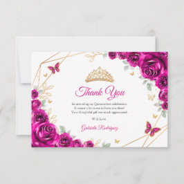 Cartão De Agradecimento Fuchsia Pink Gold Floral Quinceanera