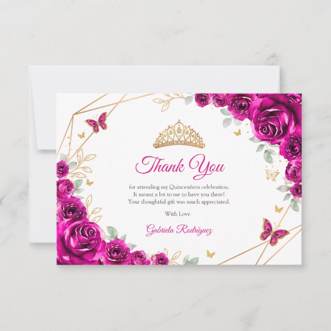 Cartão De Agradecimento Fuchsia Pink Gold Floral Quinceanera (Frente)
