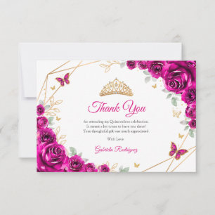 Cartão De Agradecimento Fuchsia Rosa Dourado Floral Quinceanera