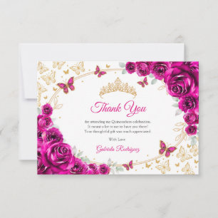 Cartão De Agradecimento Fuchsia Rosa Dourado Floral Quinceanera