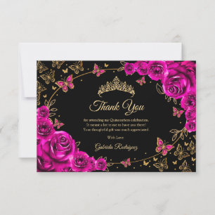 Cartão De Agradecimento Fuchsia Rosa Dourado Quinceanera