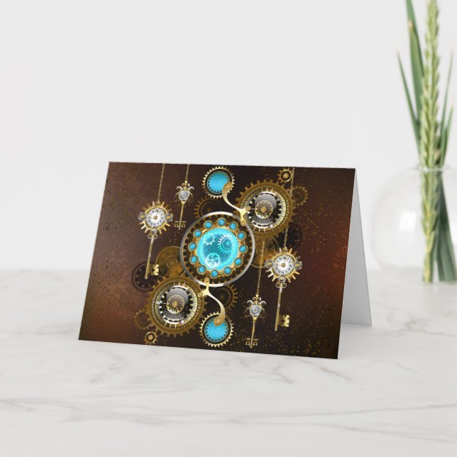 Cartão De Agradecimento Fundo Rusty Steampunk com Lentes Turquesa (Frente)