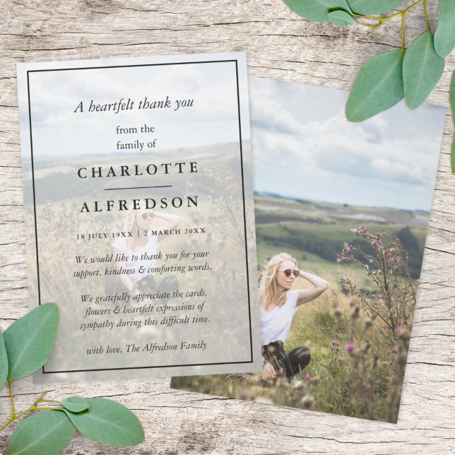 Cartão De Agradecimento Funeral Chic Elegante | Simpatia fotográfica minim (Criador carregado)