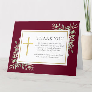 Cartão De Agradecimento Funeral Cristão em Aquarela Burgundy com Folhagens