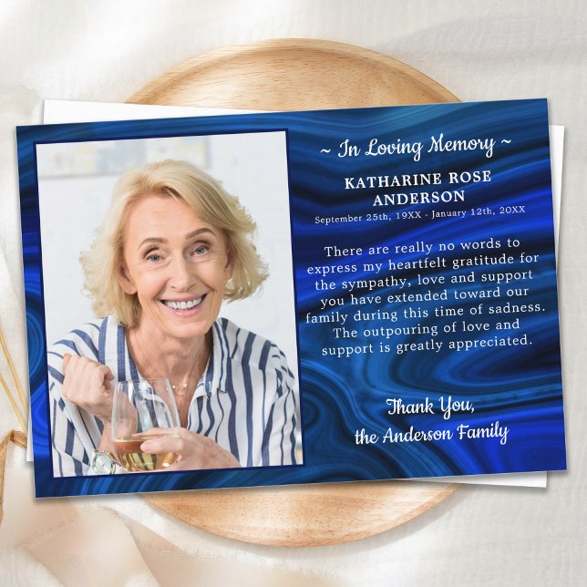 Cartão De Agradecimento Funeral de Foto de Simpatia Marble Azul Amando Mem (Criador carregado)