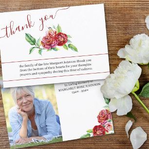 Cartão De Agradecimento Funeral de Fotos e Rosas Vermelhas em Aquarela