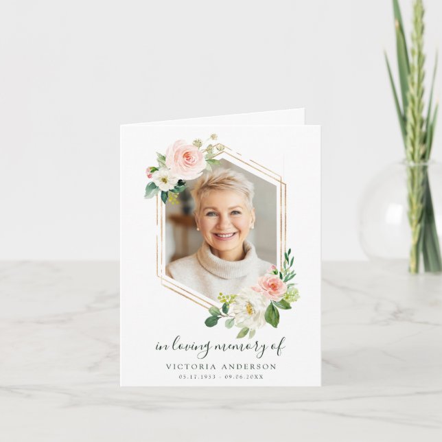 Cartão De Agradecimento Funeral de Hexágono Dourado Blush White Bloom (Frente)