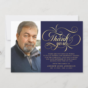 Cartão De Agradecimento Funeral de Marinho Simples e Caligrafia Dourada